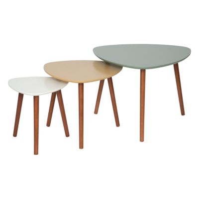 Lot de 3 tables à café gigogne en Bois Vert Ocre Blanc et pieds en Bois foncé