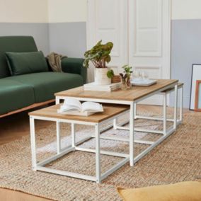 Lot de 3 tables gigognes métal blanc mat. décor bois - Loft - encastrables. 1x100x60x45cm / 2x50x50x38cm