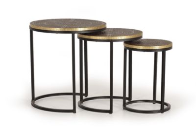Lot de 3 tables plateau bronze et piètement métal
