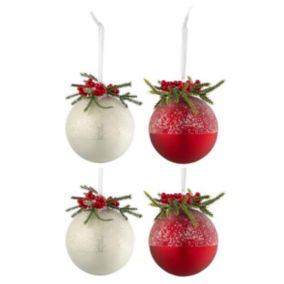 Lot de 4 Boules de Noël "Baies Givrées" 10cm Blanc & Rouge