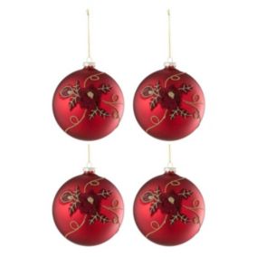 Lot de 4 Boules de Noël Fleurs "Rosaline" 12cm Rouge