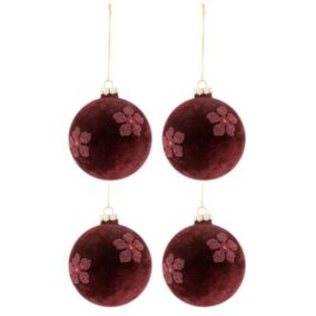 Lot de 4 Boules de Noël "Fleurs Velours" 10cm Rouge