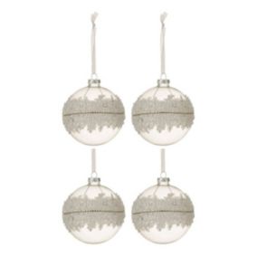 Lot de 4 Boules de Noël "Glace" 10cm Blanc & Argent