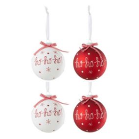 Lot de 4 Boules de Noël "Hohoho" 10cm Rouge & Blanc