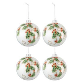 Lot de 4 Boules de Noël "Houx" 10cm Blanc & Vert