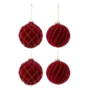 Lot de 4 Boules de Noël Velours "Caro" 10cm Rouge & Or