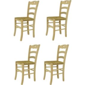 Lot de 4 Chaises Bois de Hêtre - Assise en Paille - Structure Non Traité 100% Naturel - Modèle Robuste - Chaise de Salle à Manger