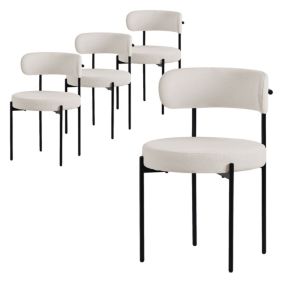 Lot de 4 chaises de cuisine rond en tissu teddy blanc avec dossier pied en acier