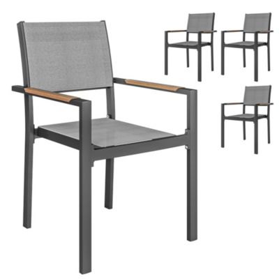 Lot de 4 chaises de jardin assise dossier textilène structure alu accoudoirs revêtement PVC effet bois