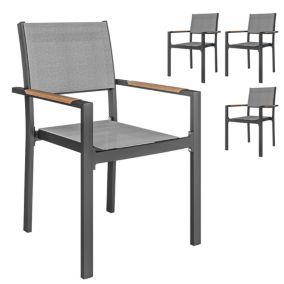 Lot de 4 chaises de jardin assise dossier textilène structure alu accoudoirs revêtement PVC effet bois