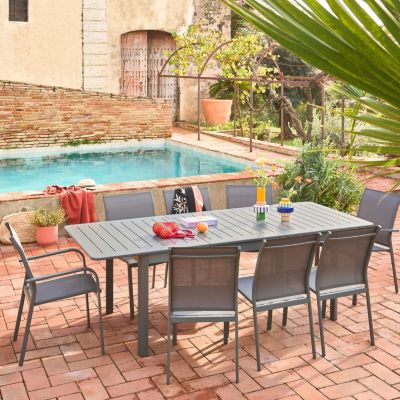 Lot de 4 chaises de jardin Buffalo empilables aluminium et textilene anthracite. 64.5 x 45.5 x 89.5 cm