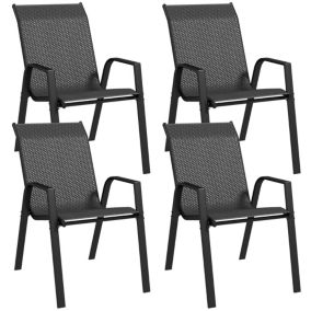 Lot de 4 chaises de jardin empilables - accoudoirs - design - acier époxy noir résine tressée grise