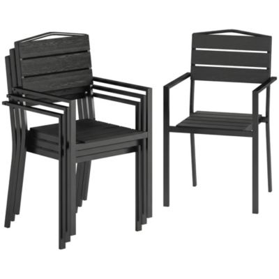 Lot de 4 chaises de jardin empilables avec accoudoirs métal époxy HDPE effet bois noir