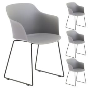 Lot de 4 chaises de jardin FORO fauteuil d'extérieur en plastique gris résistant aux UV et pieds en métal noir