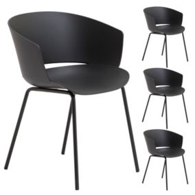 Lot de 4 chaises de jardin NIVEL fauteuil d'extérieur en plastique noir résistant aux UV et pieds en métal noir