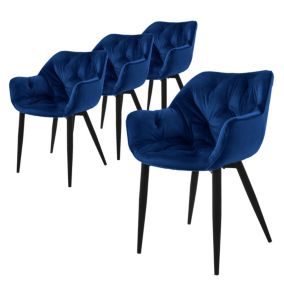 Lot de 4 chaises de salle à manger assise bleu foncé en velours pieds métal noir