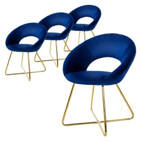 Lot de 4 chaises de salle à manger bleu en velours dossier demi-coque pied doré