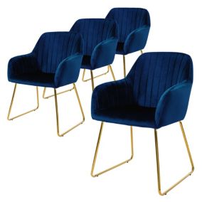 Lot de 4 chaises de salle à manger bleu, en velours pieds dorés en métal