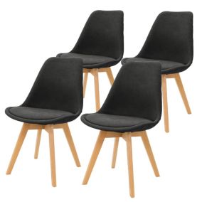 Lot de 4 chaises de salle à manger en lin noir pieds en bois massif hêtre rétro