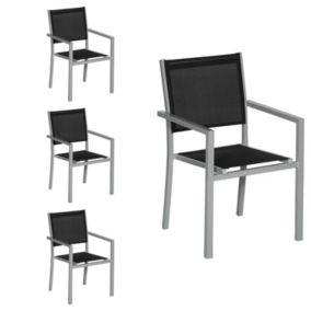 Lot de 4 chaises en aluminium gris - textilène noir - Happy Garden