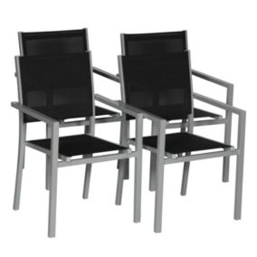 Lot de 4 chaises en aluminium gris - textilène noir - Happy Garden
