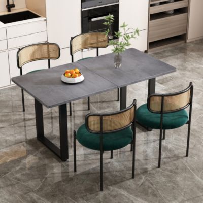 Lot de 4 chaises en velours vert avec dossier en rotin et pieds en métal, style moderne pour salon ou chambre