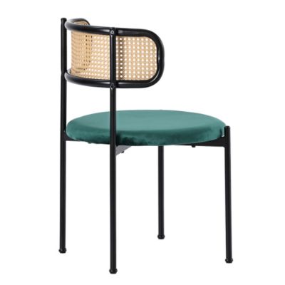Lot de 4 chaises en velours vert avec dossier en rotin et pieds en métal, style moderne pour salon ou chambre