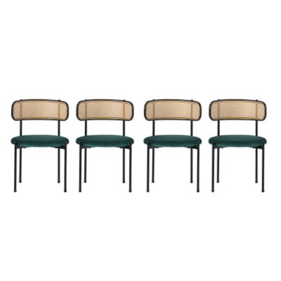 Lot de 4 chaises en velours vert avec dossier en rotin et pieds en métal, style moderne pour salon ou chambre