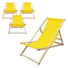 Lot de 4 chaises longue de jardin bain de soleil jaune cadre bois de pin