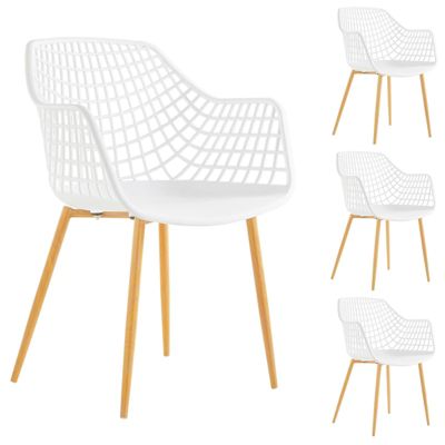 Lot de 4 chaises LUCIA pour salle à mange design retro avec accoudoirs, coque en plastique blanc et pieds en métal décor chêne