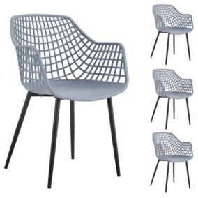 Lot de 4 chaises LUCIA pour salle à manger ou cuisine au design retro avec accoudoirs, coque en plastique gris clair