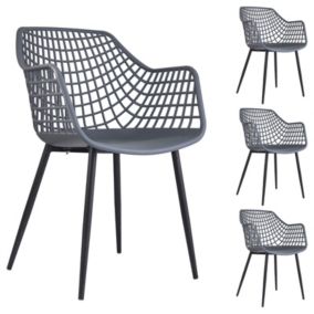 Lot de 4 chaises LUCIA pour salle à manger ou cuisine au design retro avec accoudoirs, coque en plastique gris et 4 pieds en métal