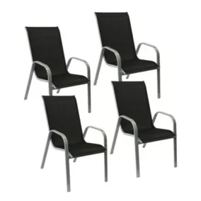 Lot de 4 chaises MARBELLA en textilène noir - aluminium gris - Happy Garden