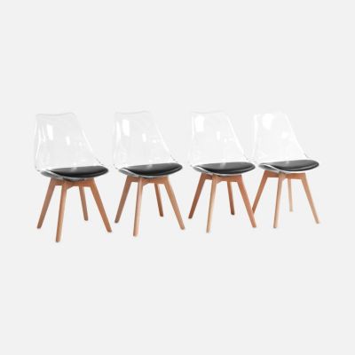 Lot De 4 Chaises Scandinaves - Bois Et Simili Cuir Noir & Blanc - Style Années 60 - Occasion