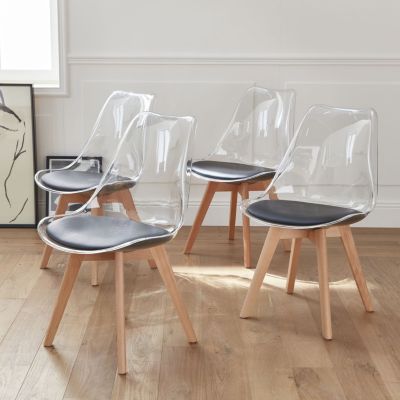 Lot de 4 chaises scandinaves - Lagertha - pieds bois. fauteuils 1 place. coussin noir. coque transparente