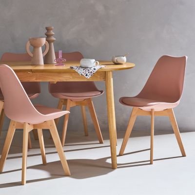 Chaise scandinave moka avec coussin simili cuir et pieds hêtre naturel
