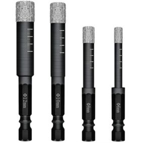 Lot de 4 Forets Mèches diamant pour Carrelage Céramique Grès Cérame Tuiles Verre Pierre.  Drill Bits Tool - 6mm 8mm 10mm 12mm