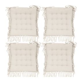 Lot de 4 Galettes de chaise en Coton Ivoire avec franges macramé 40 x 40 cm