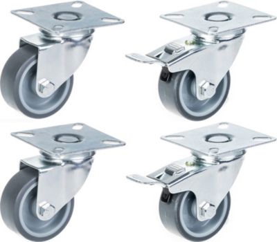 Lot de 4 roulettes pivotantes avec frein de la série 100, 50 mm, caoutchouc TPR gris sur polypropylène