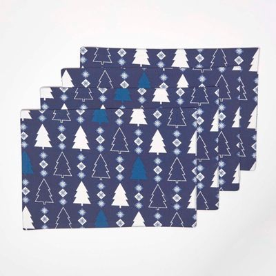 Lot de 4 sets de table noël sapins bleu en coton - HOMESCAPES