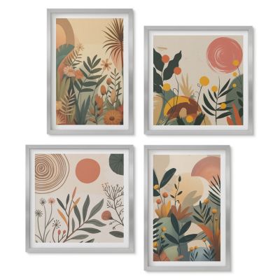 Lot de 4 Tableaux avec Cadre Argent Tulup Multi Formats Trio Mural Motifs végétaux en couleurs