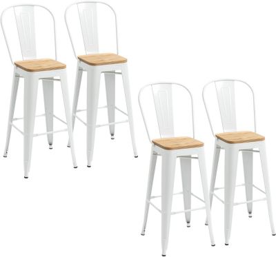 Lot de 4 Tabourets de Bar Chaise Haute Cuisine Industriel avec Dossier Repose-Pied Hauteur Assise 76 cm Métal Blanc