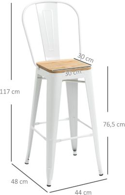Lot de 4 Tabourets de Bar Chaise Haute Cuisine Industriel avec Dossier Repose-Pied Hauteur Assise 76 cm Métal Blanc