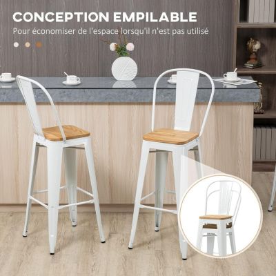 Lot de 4 Tabourets de Bar Chaise Haute Cuisine Industriel avec Dossier Repose-Pied Hauteur Assise 76 cm Métal Blanc