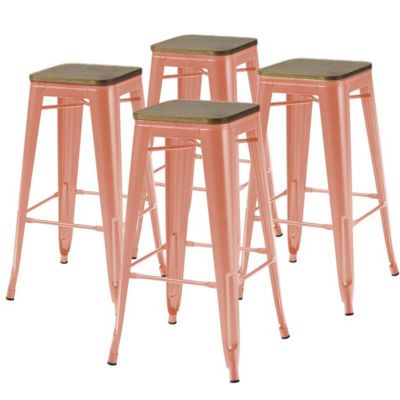 Lot de 4 tabourets de bar en métal mat terracotta et bois  Oviala