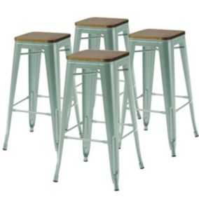 Lot de 4 tabourets de bar en métal mat vert gris et bois  Oviala