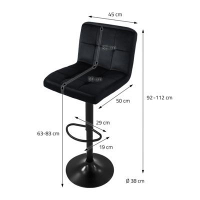 Lot de 4 tabourets de bar rembourrées en velours noir chaise réglable en hauteur