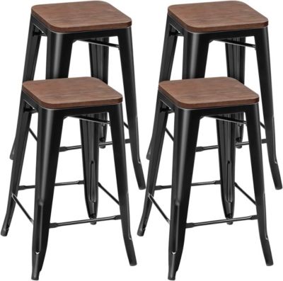 Lot de 4 Tabourets de Bar Tabouret Bistrot en Fer avec Siege en Bois Chaise Haut Empilable avec Repose-Pieds