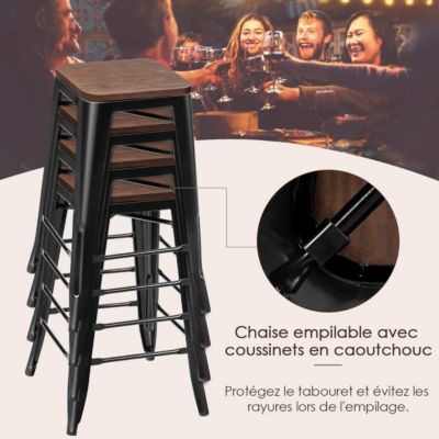 Lot de 4 Tabourets de Bar Tabouret Bistrot en Fer avec Siege en Bois Chaise Haut Empilable avec Repose-Pieds