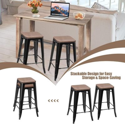 Lot de 4 Tabourets de Bar Tabouret Bistrot en Fer avec Siege en Bois Chaise Haut Empilable avec Repose-Pieds